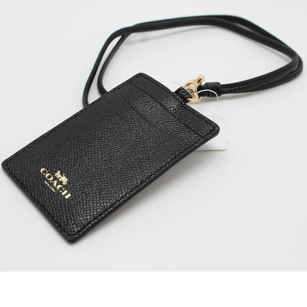 Coach ID Lanyard Badge Holder In Crossgrain Leather (Black/Gold) (new)